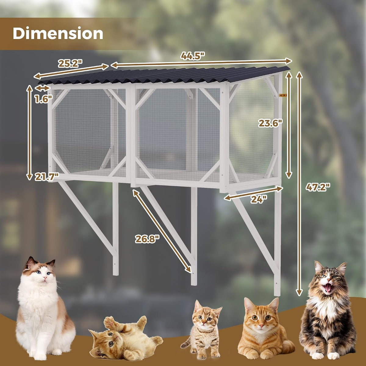 Cat Window Box, 43.3" Catio o Outdoor Cat Enclosure for Sunbathing, Napping & Bird Watching, Wood Cat Window Perch with Mosquito Net Window Catio for Indoor Cats (White)