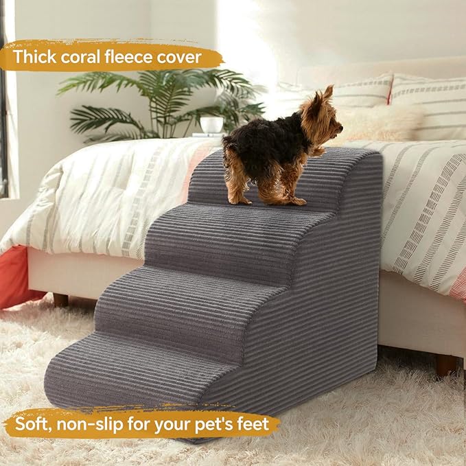 Curved Dog Stairs Ramp for High Beds 19.7" H, 4-Step Dog Steps for Small Dogs and Cats, Removable and Washable Pet Stairs for High Bed Climbing, Non-Slip Balanced Pet Step Indoor, Deep Grey