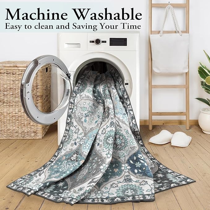 Lahome Moroccan Trellis Washable Rugs 9x12, Soft 9x12 Area Rug for Living Room Bedroom, Ultra-Thin Non-Slip Non Shedding Distressed Throw Large Carpet for Dining Room Office, Blue