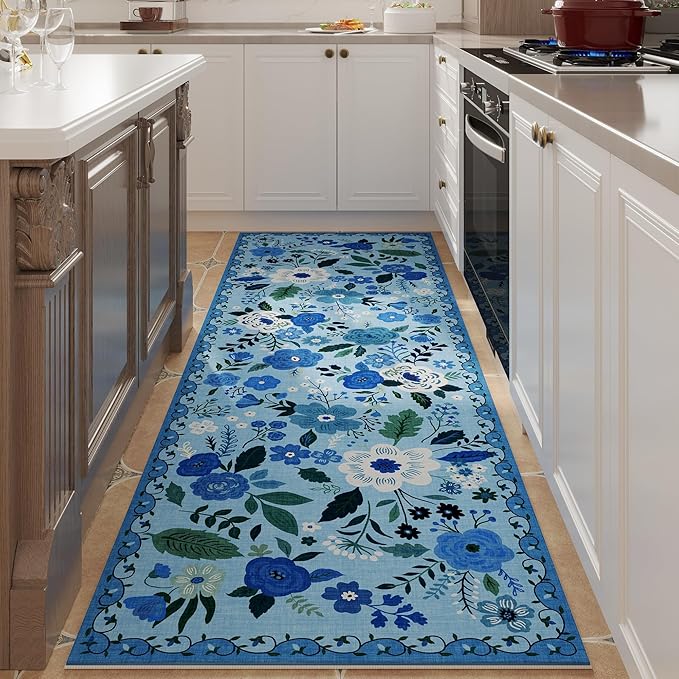 Rugcomf Runner Rug for Hallways Kitchen Rug Non Slip 2'6''x8' Washable Runner Rugs with Rubber Backing Soft Floral Carpet Runner for Hallways, Kitchen, Laundry, Bedroom, Bathroom(Blue)
