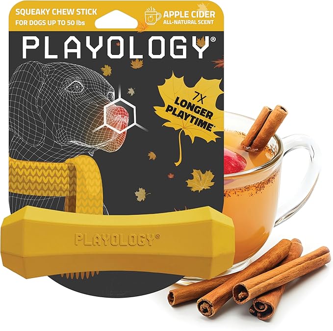 Playology Dog Toys | Durable Squeaky Chew Stick for Dogs | Medium Apple Cider Scented Toy - Limited Edition Fall Collection | Easy to Clean and Made from Non Toxic Materials