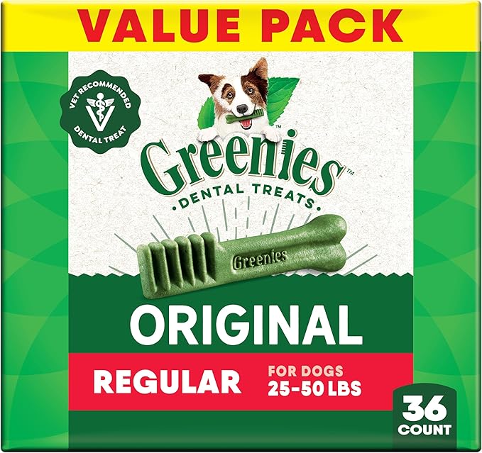 Greenies Veterinarian-Recommended Adult Natural Dental Dog Treats Regular Size, Dog Dental Chews, Original Flavor, 36 oz. Pack, 36 Count