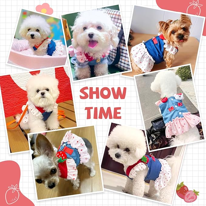 Small Dog Harness and Leash Set Denim Cat Harness Dress for Puppy Clothes for Girls Pink Dog Birthday Dress French Bulldog Harness with Strawberry Bear Decoration