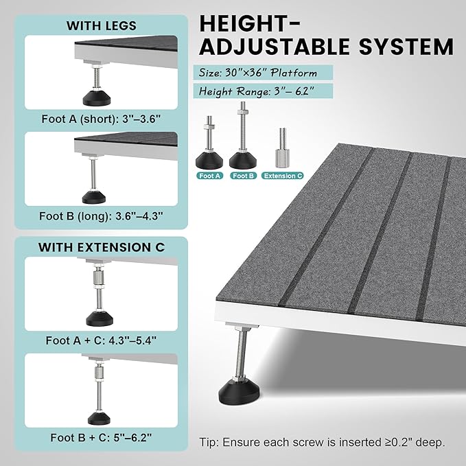 Threshold Ramps for Wheelchairs, Adjustable Height 3"–6.2" and 30"×36" Platform Aluminum Wheelchair Ramp, Door Threshold Ramps with a Non-Slip Thick Door Mat for Scooters, Power Chairs, Cart