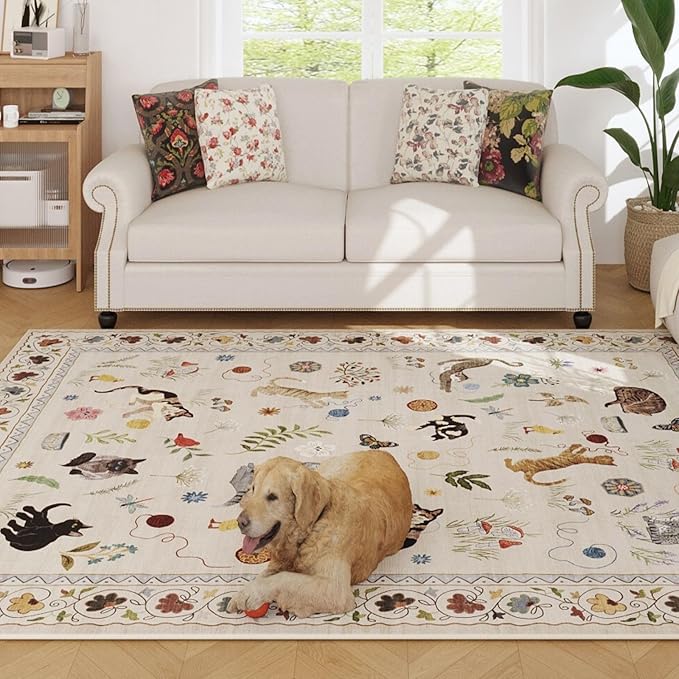 Rugcomf Living Room Rug 6x9 Rug Machine Washable Boho Area Rug Non Slip Floral Animal Cat Vintage Low Pile Large Rug for Living Room Bedroom Farmhouse Dining Room Kids Playroom, Beige