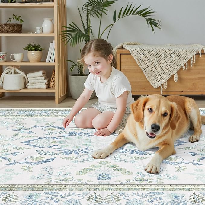 DCX Green and Blue Floral 2x6 Runner Rug, Machine Washable with Flowers Non Slip Vintage Floral Backing Hallway Runner Rug Carpet for Nursery Soft Low Pile Stain Resistant, Kitchen, Bathroom