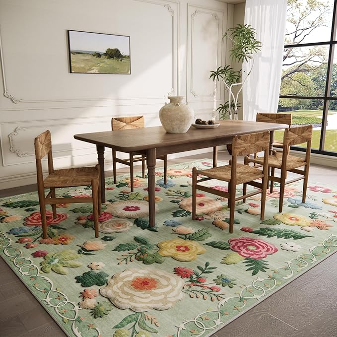 10x12 Area Rug Washable Rugs: Large Living Room Rug Stain Resistant Non Slip Distressed Vintage Floral Rug Low Pile Faux Wool Soft Green Rugs for Bedroom Farmhouse Dining Room Kids Playroom Nursery