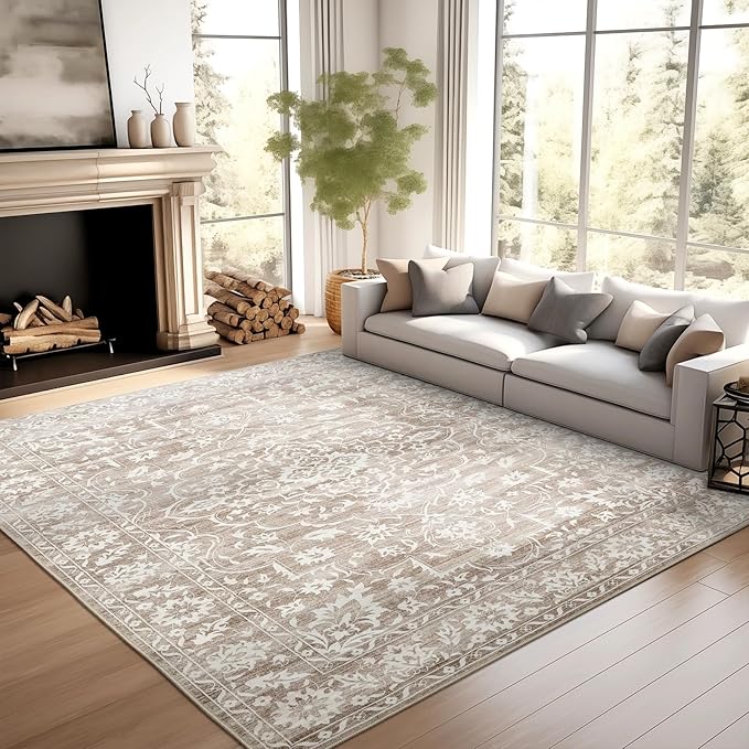 5x7 Area Rugs for Living Room, Washable Vintage Floral Non-Slip Low Pile Natural Rug Soft Throw Carpet for Dining Room Bedroom Home Office Nursery (Light Brown, 5'x7')