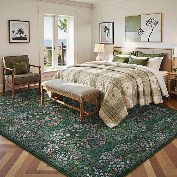 Lahome Floral 10x14 Area Rugs for Living Room, Soft Washable Rugs 10x14 Stain Resistant, Ultra-Thin Non-Slip Boho Bedroom Rug Non-Shedding Accent Carpet for Dining Room Office, Dark Green