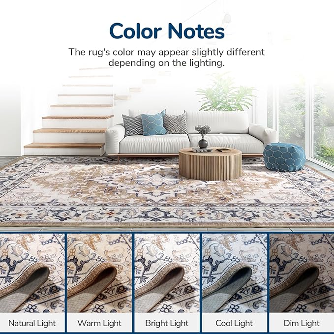 Lessymo 2 x 4 Entryway Rug, Machine Washable Area Rugs Boho Faux Wool Low Pile Area Rug for Bedroom, Floral Medallion Vintage Outdoor Rugs with Non-Slip Rubber,Brown Beige