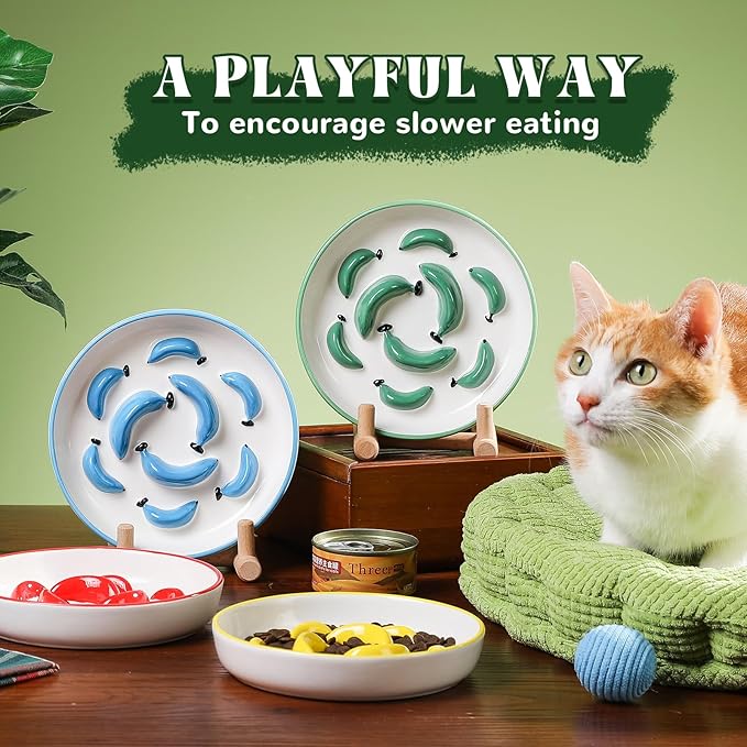 Ceramic Cat Slow Feeder Bowl - Vibrant Cat Feeding Bowl - Cute Maze Food Dish for Slow Eating - Dishwasher Safe - 6.3''W x 1.2''H - 7 OZ - Red