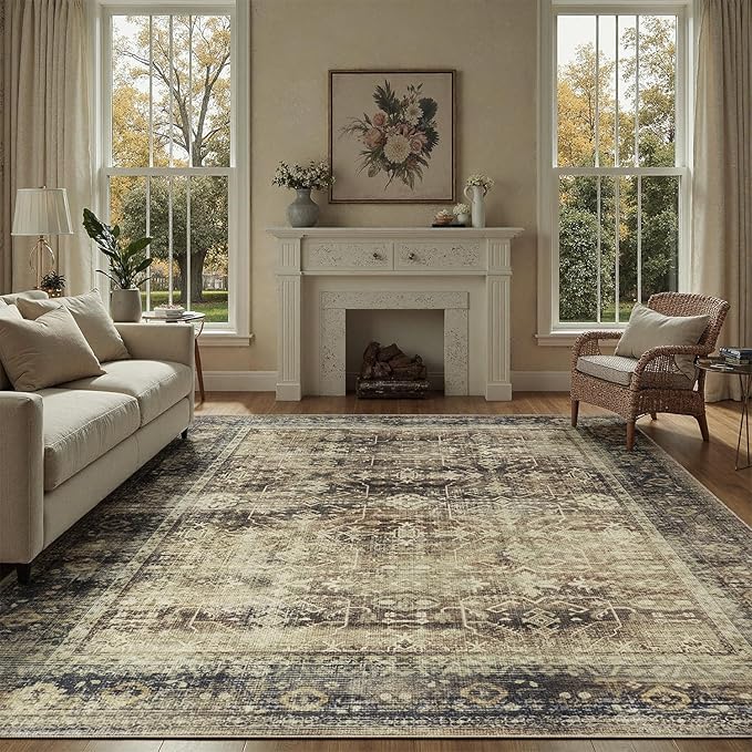 DCX Washable 5x7, Kid & Pet Friendly with Rubber Back Non Slip, Stain Resistant Vintage Rug for Living Room, Bedroom, Home Office, Soft Low Pile Large Farmhouse Distressed Carpet, Brown