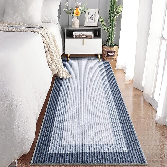 GarveeHome Entryway Bathroom Rug 2x6 Runner Modern Bordered Washable Rug 2x6 Runner Kitchen Rug for Hallway Non-Slip Low-Pile Soft Runner Carpet for Bedroom Laundry Room 2x6 Blue