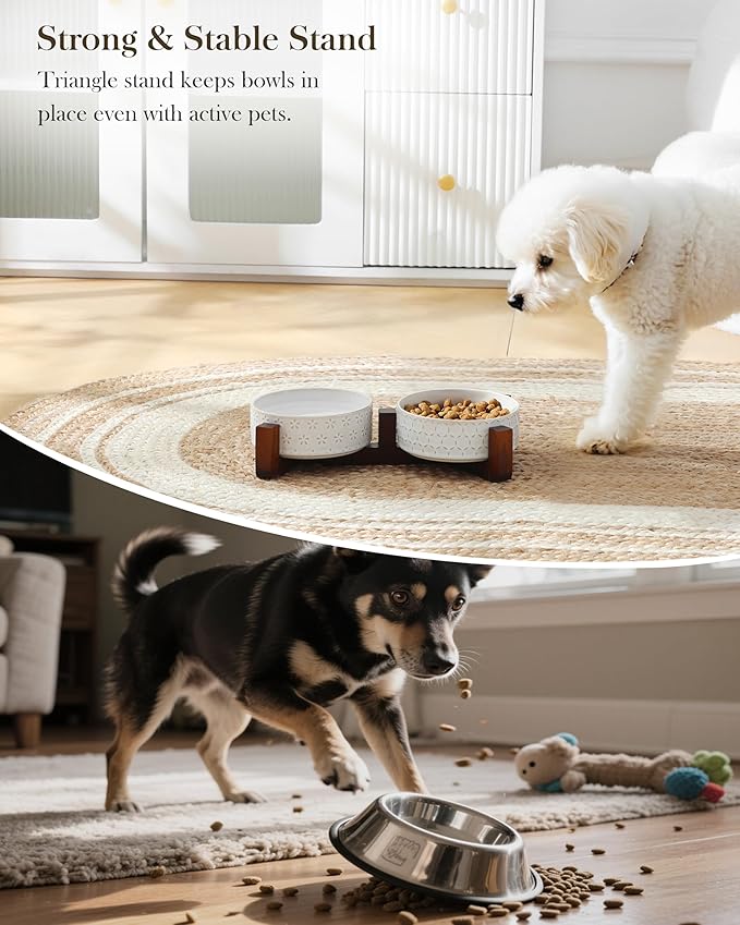 MALACASA Dog Bowl Set with Walnut Wood Stand, 1.5 Cups Ceramic Pet Bowls for Puppy Dogs, Dual Food and Water Bowls with Non-Slip Base, Basic Bowls for Your Dog or Cat, Five-Leaf Grass & Honeycomb