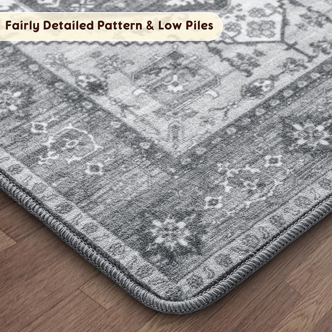 LBRO2M Boho Area Rug 6X9 Washable Rugs for Bedroom Low Piles Indoor Carpet, Non Slip Soft Rug for Living Room, Dining Room, Dark Gray Rug Foldable Pet Friendly Area Rugs (6'X9' Deep Gray)