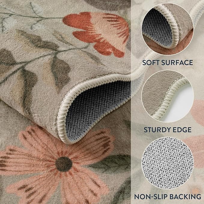 Lahome Floral Washable 6x9 Area Rugs, Soft Bedroom Rug for Living Room Ultra-Thin Non Slip Dining Room Rug, Stain Resistant Boho Rugs Easy Clean Throw Carpet for Office(6'x9',Brown)