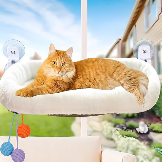 Cat Window Perch Cat Hammock Foldable Hanging Bed，Upgrade Strong Suction Cups Sturdy Holds Up to 25kg,Easy to Assemble,Reversible Cover 53 * 30cm (White, M-52CM)
