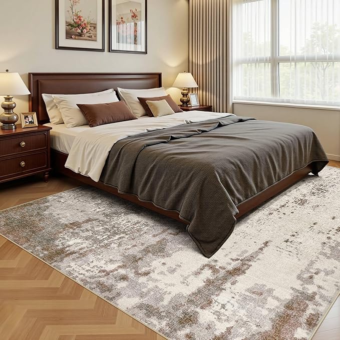 Area Rug Living Room Rugs-Washable Neutral Modern Abstract Soft Thin Large Rug Indoor Floor No Slip Rug Carpet for Bedroom Under Dining Table Home Office Decor-Brown/Grey/Beige-7'x 9'