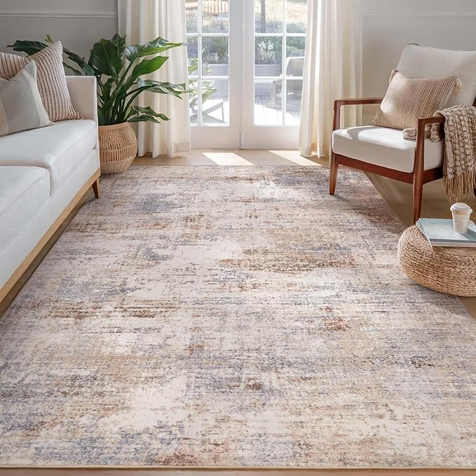 Area Rug Living Room Washable Rugs: 5x7 Modern Neutral Abstract Low Pile Non Slip Floor Carpet - Large Soft Thin Stain Resistant Rug for Bedroom Dining Indoor Office Home, Brown Grey