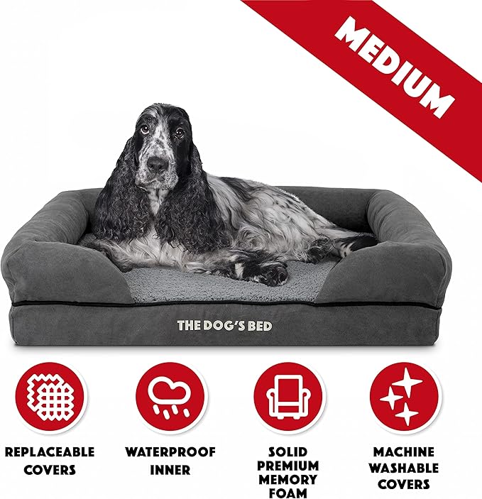 The Dog’s Bed Orthopedic Memory Foam Dog Bed with Bolsters, Plush Fabric, Grey Plush, M