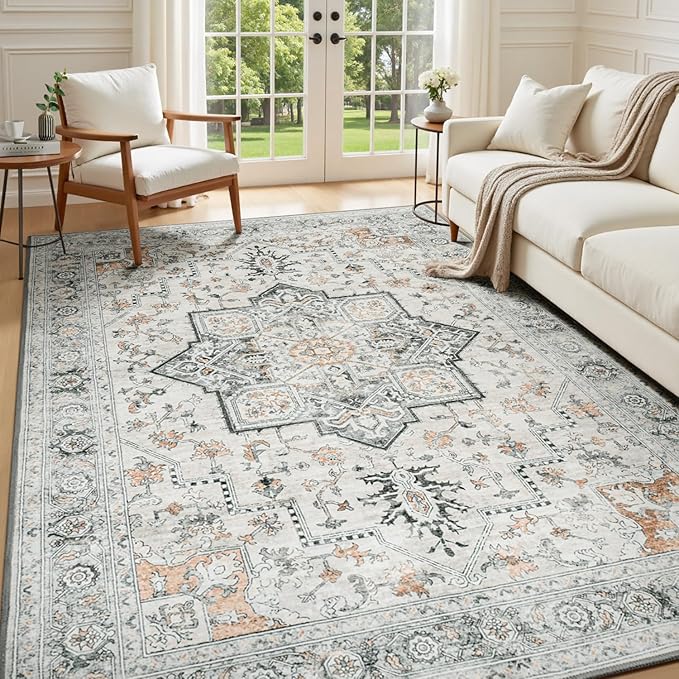 Lessymo 6x9 Area Rugs for Living Room, Washable Rug for Bedroom Dining Room, Soft Vintage Indoor Carpet Non Slip, Large Boho Rug Low Pile for Dorm Office Nursery Bedside Home Decor, Grey/Brown