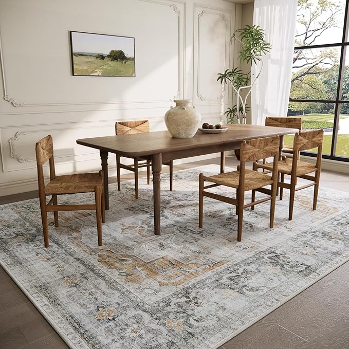 6x9 Area Rugs for Living Room: Washable Rug Stain Resistant Vintage Non Slip Low Pile Faux Wool Soft Large Area Rug for Bedroom Kitchen Dining Room Under Table Nursery Farmhouse Home Office Indoor