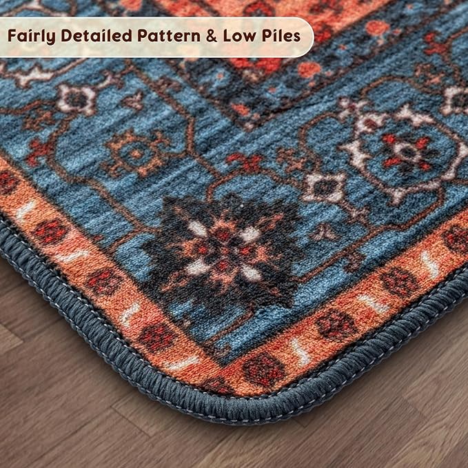 LBRO2M Boho 4X6 Rug Washable Rugs for Bedroom Non Slip Indoor Carpet, Soft Low Piles Rug Foldable Rugs for Living Room Pet Friendly Area Rugs Stain Resistant (4'X6' Rust Teal)