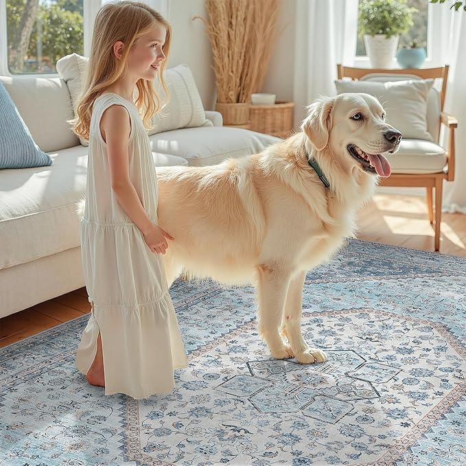 DCX Machine Washable Blue Area Rugs 8x10, Non Slip Stain Resistant Vintage Floral Rug for Living Room Diningroom Bedroom Nursery, Soft Low Pile Large Carpet