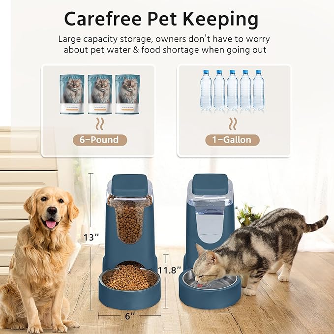 2 Pack Automatic Cat Feeder and Dog Food Feeder, Gravity Stainless Steel Water Dispenser and Waterer Set for Small Medium Puppy Kitten Pets (1 Gallon x 2, Navy Blue)