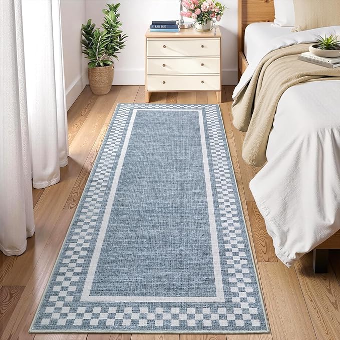 GarveeHome Kitchen Runner Rug Washable Runner Rug 2x6 for Hallway Non Slip Soft Throw Runner Carpet Modern Bordered Bathroom Mat Low Pile Checkered Runner Rugs for Bedroom Living Room Entry, Blue