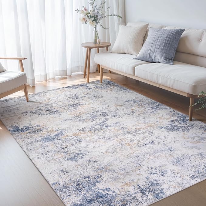 Area Rug Living Room Washable Rugs: 5x7 Modern Neutral Abstract Low Pile Non Slip Floor Carpet - Large Soft Thin Stain Resistant Rug for Bedroom Dining Indoor Office Home, Blue Glod