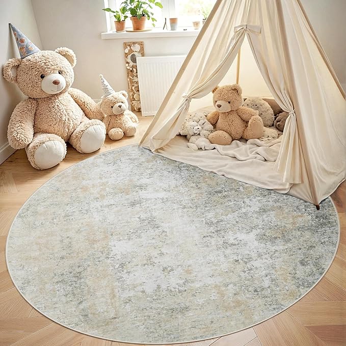 Round Rug 5ft Circle Rug Washable: Carpet Small Circular Area Rug for Entryway Kitchen Bedroom Dining Room Living Room 5 Feet Abstract College Dorm Non Slip Low Pile Beige Grey