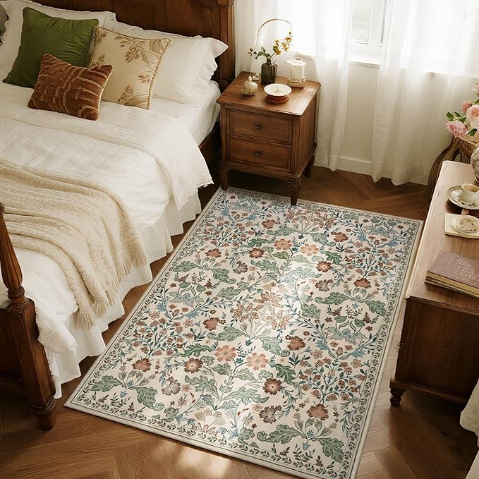 Floral Area Rug for Living Room: 4x6 Washable Soft Low Pile Thin Indoor Carpet, Non Slip Stain Resistant Vintage Flower Boho Accent Rugs for Bedroom, Dining, Home Office, Nursery - Beige