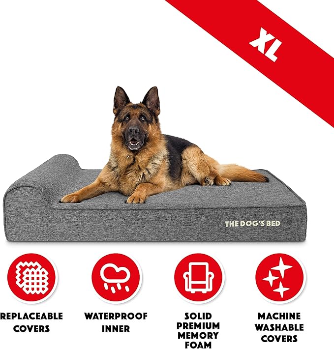 The Dog’s Bed Orthopedic Memory Foam Dog Bed with Headrest, Linen Fabric, Grey Linen, XL, 6-Inch