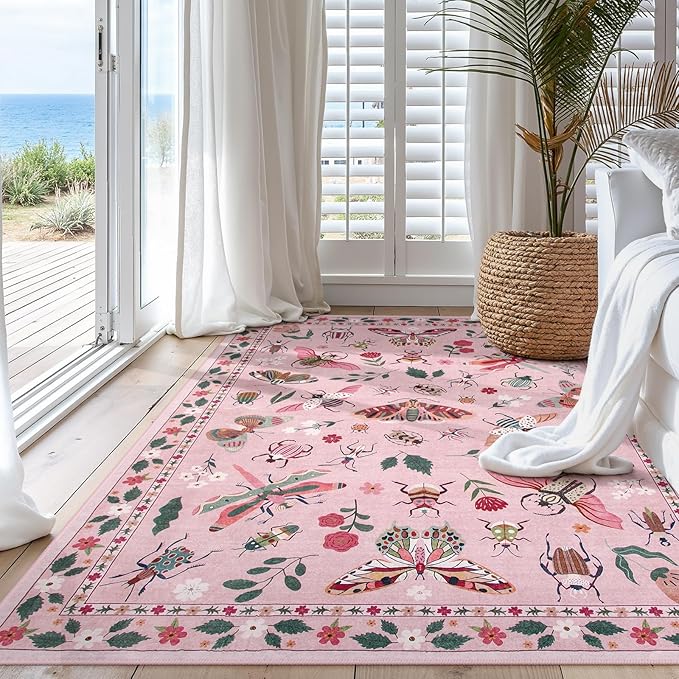 Lahome Insect Machine Washable Rugs 5x7, Soft Modern Pink Rugs for Bedroom Girls Living Room, Non Slip Ultra-Thin Stain Resistant Accent Carpet for Dining Room Nursery(5'x7',Pink)