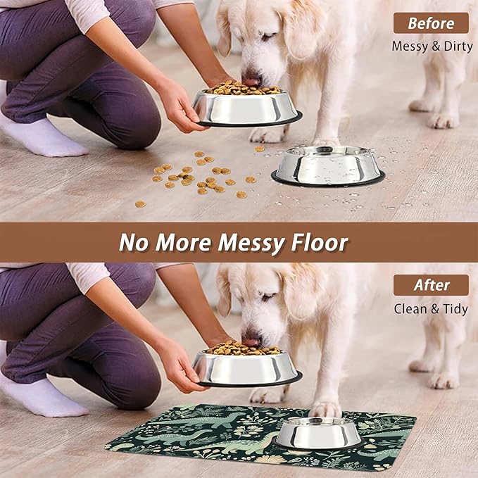Cute Dinosaur Dog Cat Food Mat,Forest Absorbent Pet Feeding Mat with Rubber Backing,Non-Slip Water Bowl Placemat,Indoor Pet Accessories Supplies 12"x20"
