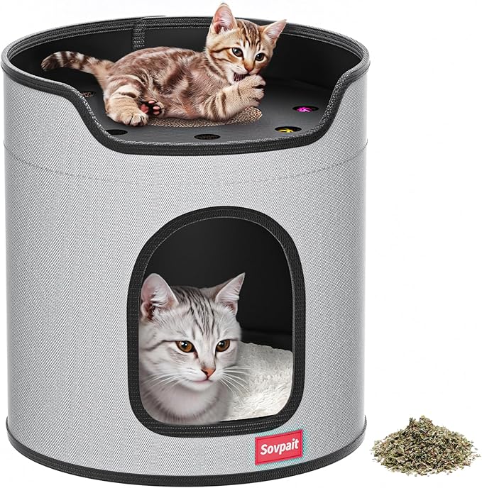 Cat House for Indoor Cats Large Double Cat Beds Cave with Cat Scratcher Pad Toys w/Catnip,Soft Washable Cushion Cat House Shelter D15xH15in Grey (Cardboard Cat Scratcher)