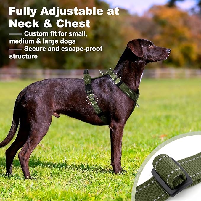 No Pull Dog Harness with Handle, Soft Mesh Padded Adjustable for Small Medium Large Dogs | Reflective Easy Walk Harness with Front Clip for Training, Running & Outdoor (Ranger Green, XL)