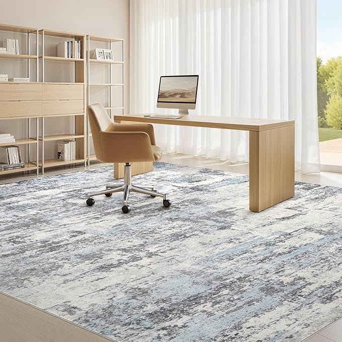 Area Rugs for Living Room: 10x13 Abstract Washable Rug Modern Neutral Large Soft Stain Resistant Non-Slip Backing Machine Table for Bedroom Dining Room Indoor Home Office Carpet - Blue Grey