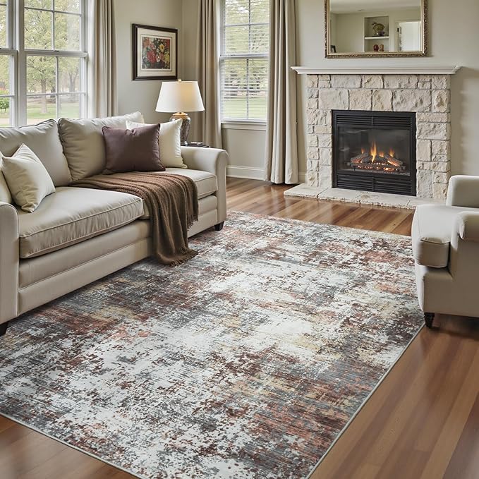 5x7 Area Rugs, Abstract Modern Machine Washable Rugs for Living Room, Neutral Soft Non-Slip Thin Print Floor Carpet for Bedroom Kids Room, Rust Red