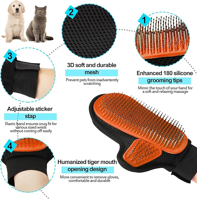 2025 Pet Grooming Glove with Tipped Pin Brush,Special Design Deshedding Glove, Perfect Petting Tool for Sensitive Dogs & Cats with Long & Medium Fur, Massage Mitt - Right-Hand - Orange