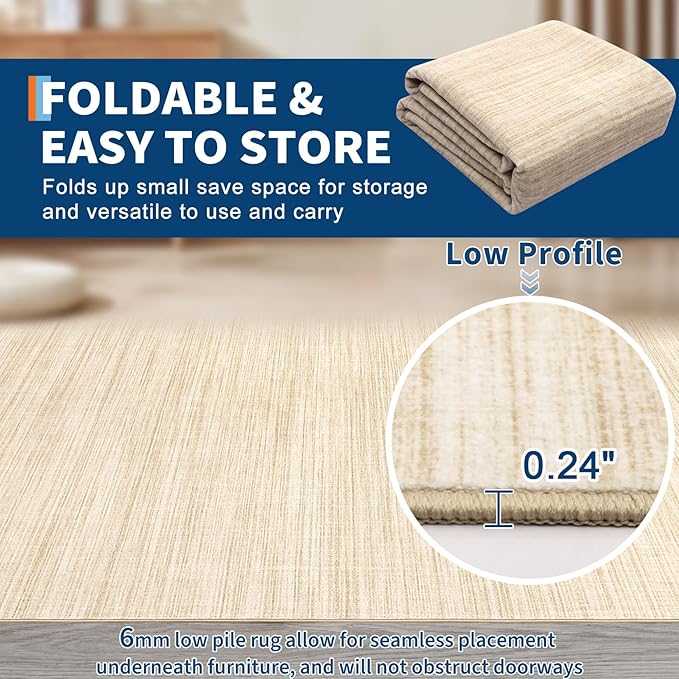 Washable Area Rug 8x10 for Living Room Bedroom Non Slip Minimalist Solid Color Area Rugs Modern Abstract Plain Dining Room Throw Carpet Low Pile Soft Classic Boho Rugs for Kitchen Nursery Oiifce,Beige
