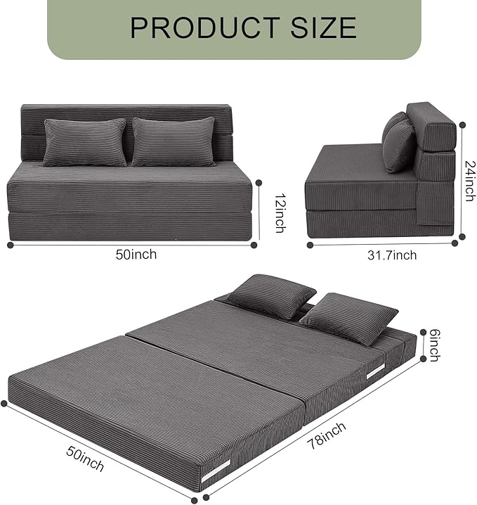 MeMoreCool Boneless Folding Sofa Bed Full Size – Corduroy Convertible Futon Couch with Foam Core & Pillow, 1500 lb Capacity Floor Sleeper, Washable Cover for Living Room, Bedroom, Guest Space