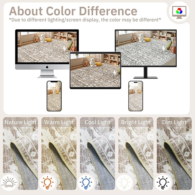 6x9 Area Rugs for Living Room, Stain Resistant Neutral Washable Rugs for Bedroom, Floral Vintage Non-Slip Soft Throw Carpet for Dining Room Farmhouse (Light Brown, 6'x9')