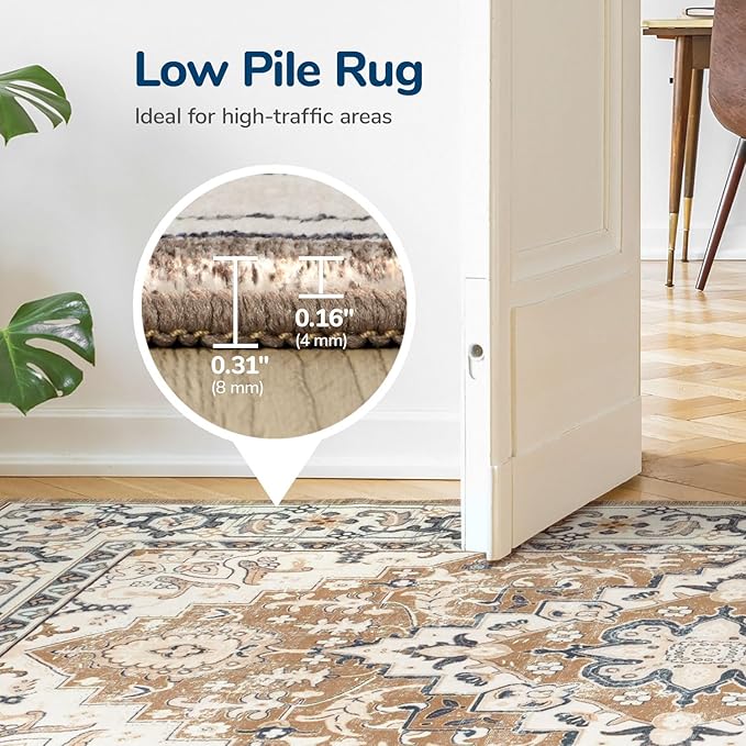 Lessymo 5x7 Area Rug for Living Room - Machine Washable Area Rugs, Super Soft Faux-Wool Area Rugs for Bedroom Kitchen, Boho Area Rug Vintage Floral Non-Slip Low Pile, Brown