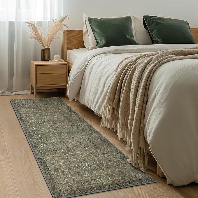 2x5 Runner Rug Machine Washable Boho Rug Runners for Hallway,Ultra-Thin Low Pile Rug,Lightweight Indoor Carpet,Non Slip Floral Runners for Enrtyway, Corridor, Home Office, Kitchen,Muted Green