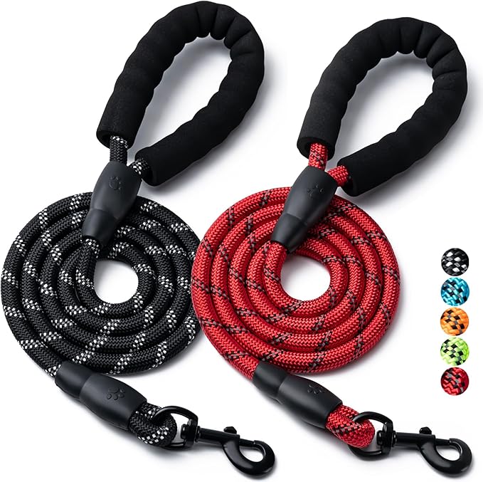 2 Pack Dog Leash, 4/5//6 FT Heavy Duty Nylon Rope Pet Leashes with Comfortable Padded Handle, Reflective Dog Leashes for Small Medium and Large Dogs (4FT-3/8,Black/Red)