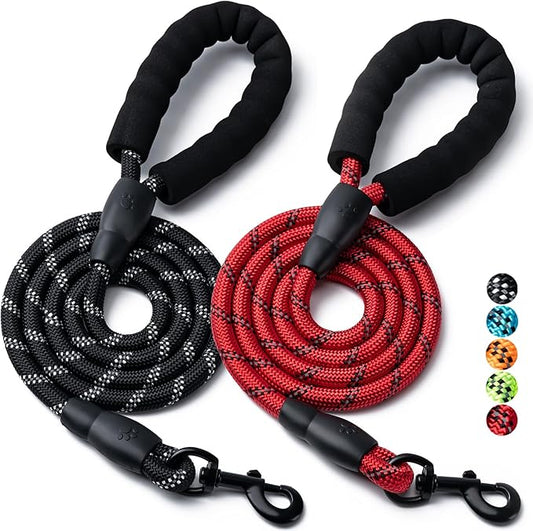 2 Pack Dog Leash, 4/5//6 FT Heavy Duty Nylon Rope Pet Leashes with Comfortable Padded Handle, Reflective Dog Leashes for Small Medium and Large Dogs (5FT-1/2,Black/Red)