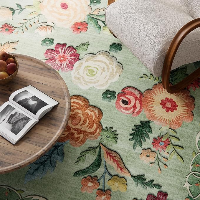 Washable Area Rugs for Living Room: 6x9 Area Rug for Bedroom Vintage Floral Large Rug Stain Resistant Non Slip Low Pile Faux Wool Soft Rugs for Entryway Dining Room Bedside Kitchen Nursery