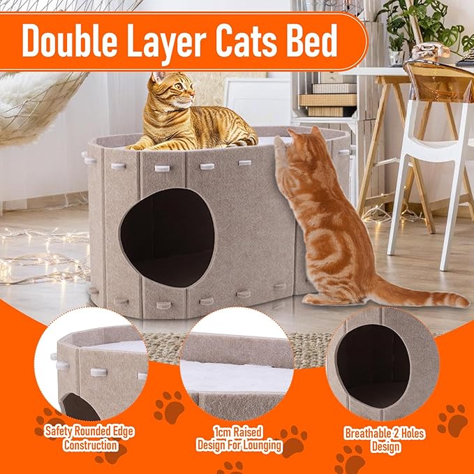 Cat House for Indoor Cats, Double Layer Cat Bed Cave, Large Space Cat Enclosed Bed for Home, Easy Assembly (Khaki, Large)